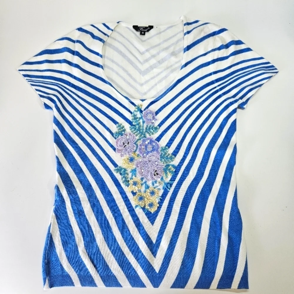 NEW VINTAGE FAUST Striped Floral Beaded Embellished Knit Top Medium Y2K